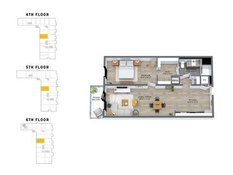 Floor plan for 1 bed, 1 bath, 925 sqft